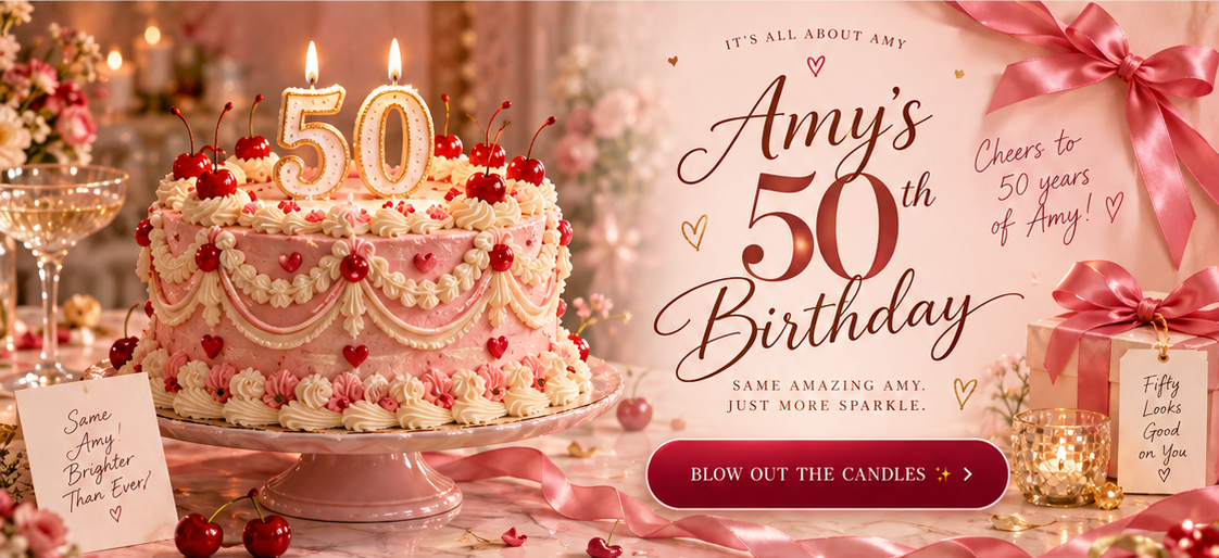 Amy's retro pink 50th birthday cake with cherries, vintage piping and glowing 50 candles