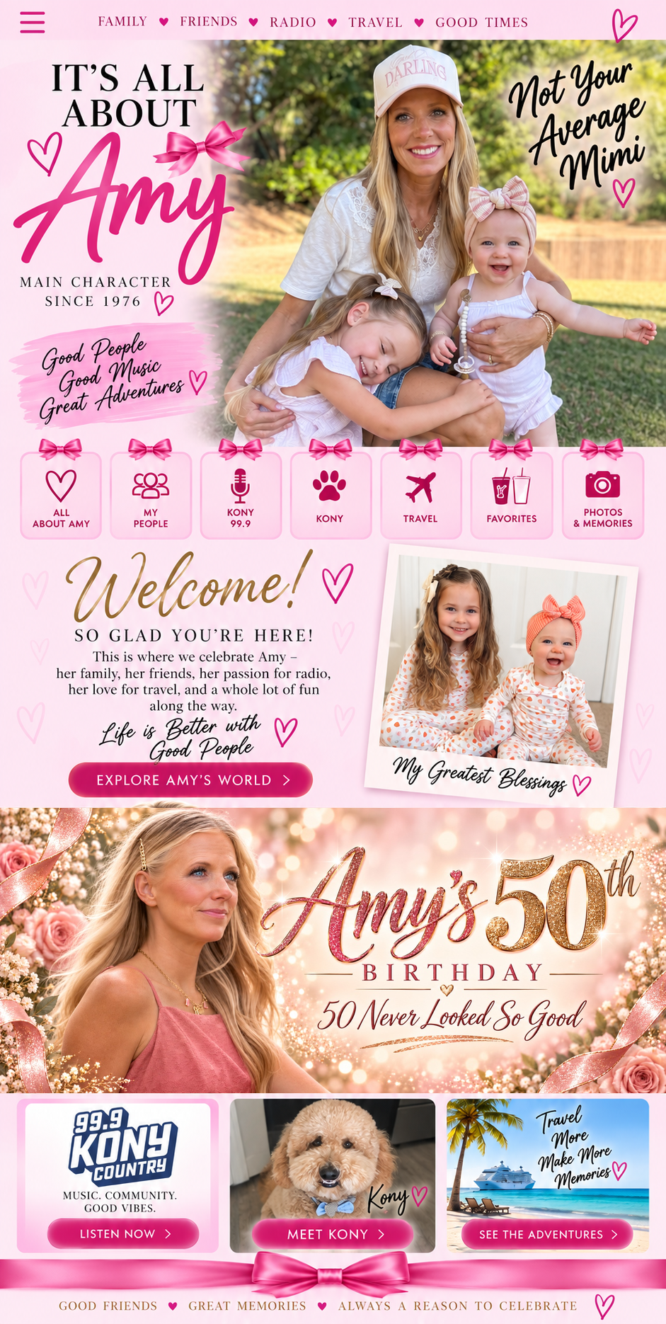 It’s All About Amy — pink lifestyle homepage featuring Amy, her grandgirls, Kony, travel, radio, and Amy’s 50th birthday celebration
